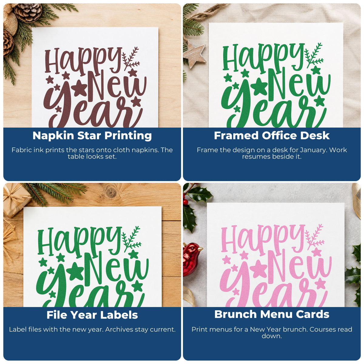 Four ways to use the Self-Inking Happy New Year Stars Stamp: napkin star printing, framed office desk, file year labels and brunch menu cards.