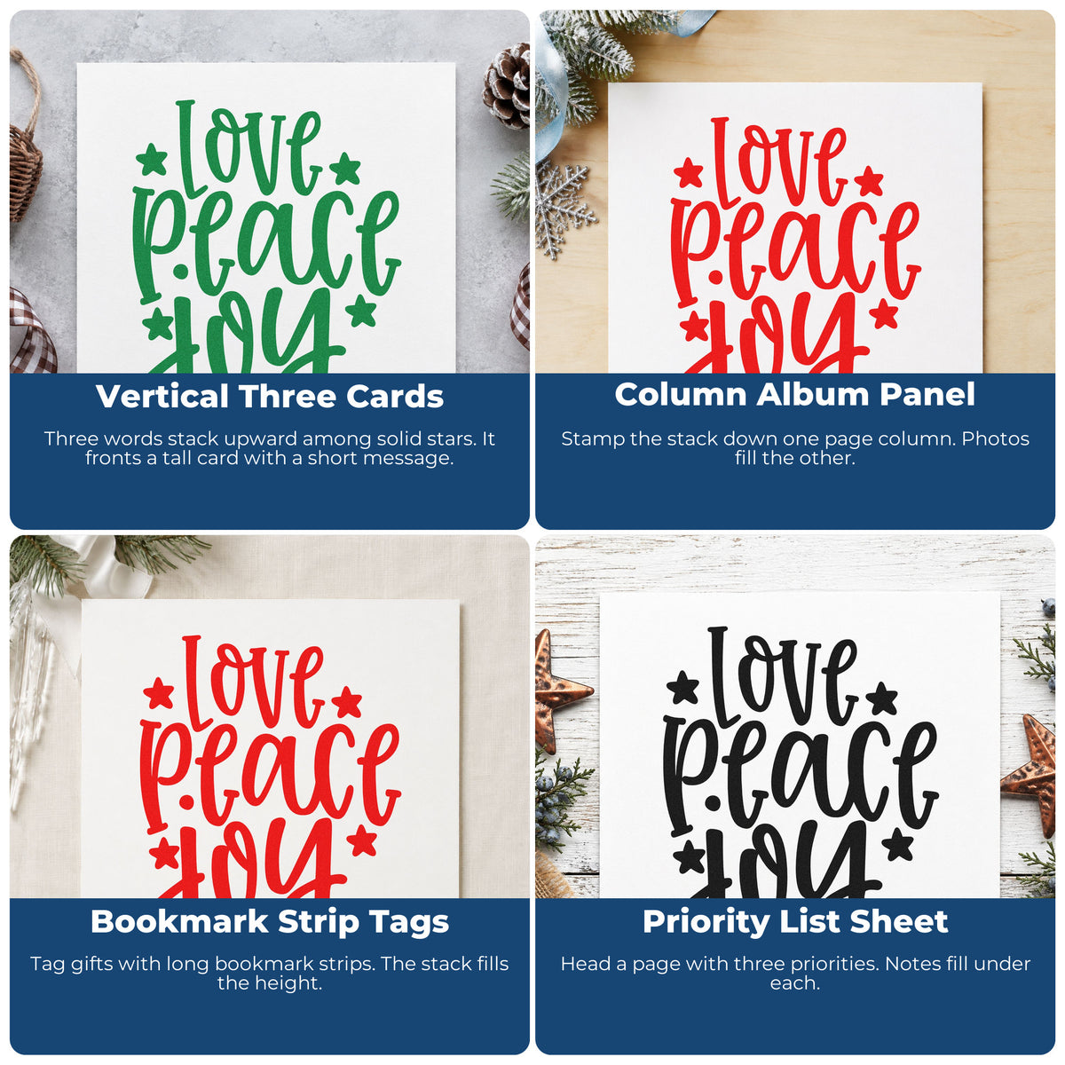 Four ways to use the Love Peace Joy Star Accents Stamp - Premium Vintage Pro Wooden: vertical three cards, column album panel, bookmark strip tags and priority list sheet.