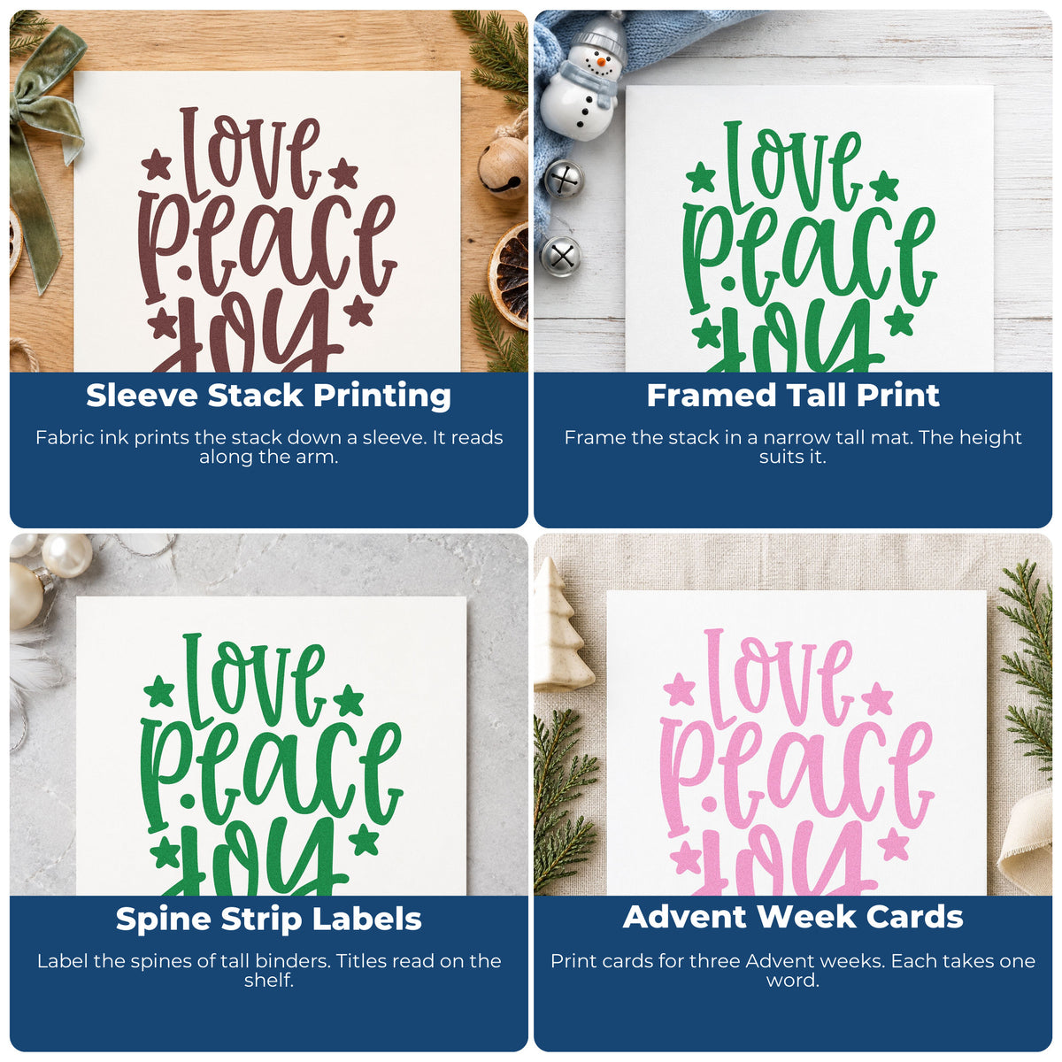 Four ways to use the Love Peace Joy Star Accents Stamp - Premium Vintage Pro Wooden: sleeve stack printing, framed tall print, spine strip labels and advent week cards.