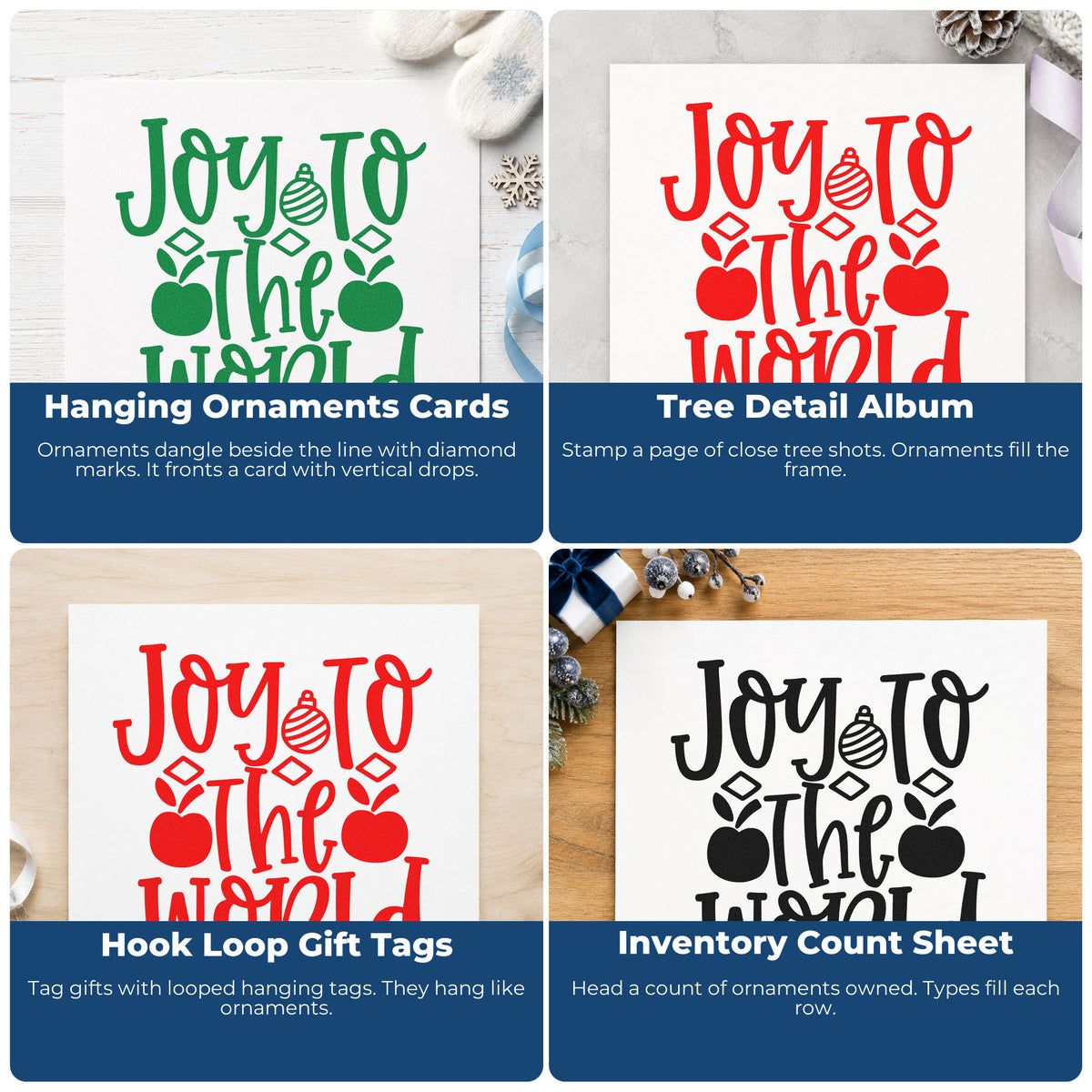 Four ways to use the Joy To The World Ornaments Pre-Inked Stamp – PSI: hanging ornaments cards, tree detail album, hook loop gift tags and inventory count sheet.