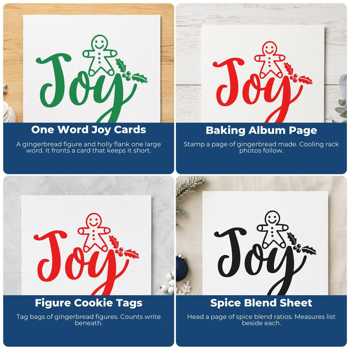 Four ways to use the Pre-Inked Joy Gingerbread Holly Word Art Stamp – PSI: one word joy cards, baking album page, figure cookie tags and spice blend sheet.