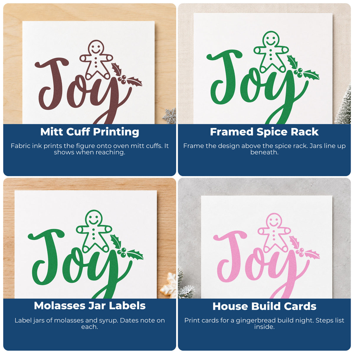 Four ways to use the Pre-Inked Joy Gingerbread Holly Word Art Stamp – PSI: mitt cuff printing, framed spice rack, molasses jar labels and house build cards.