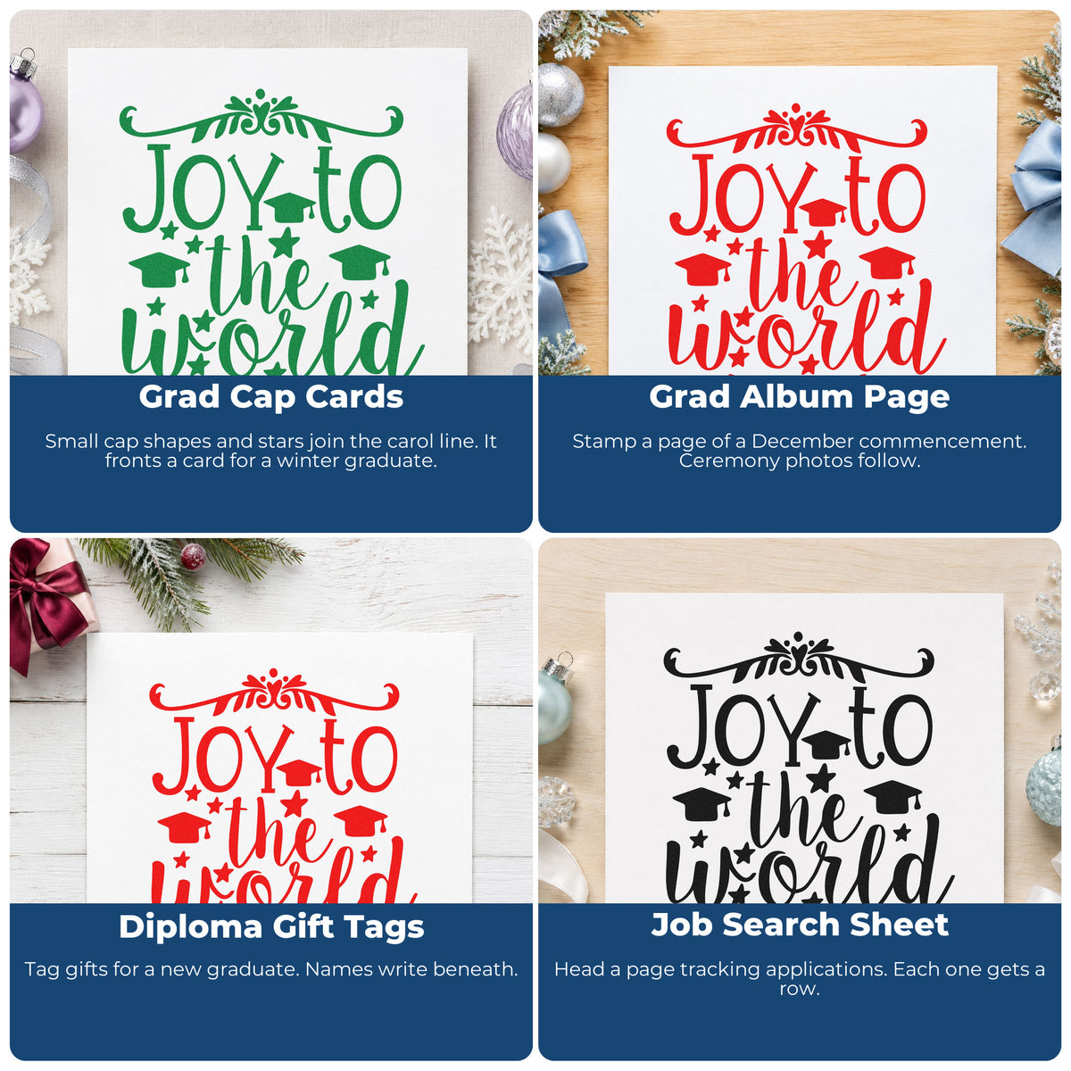 Four ways to use the Joy To The World Flourishes Compact Pre-Inked Stamp – Slim: grad cap cards, grad album page, diploma gift tags and job search sheet.