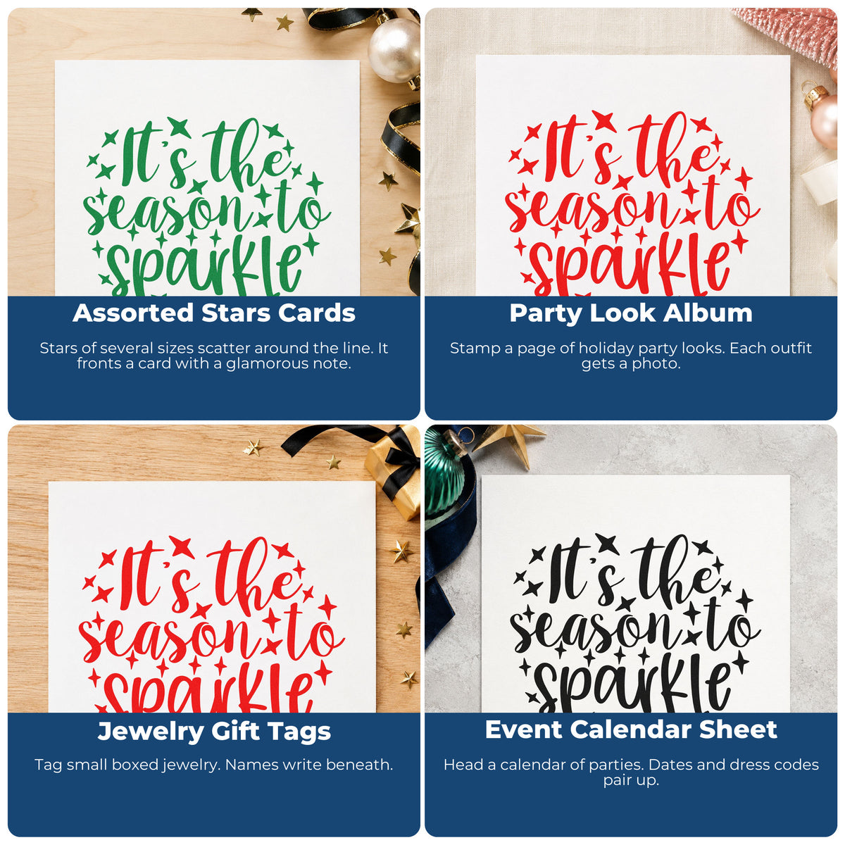 Four ways to use the Season To Sparkle Stars Rubber Stamp – Wood Handle: assorted stars cards, party look album, jewelry gift tags and event calendar sheet.