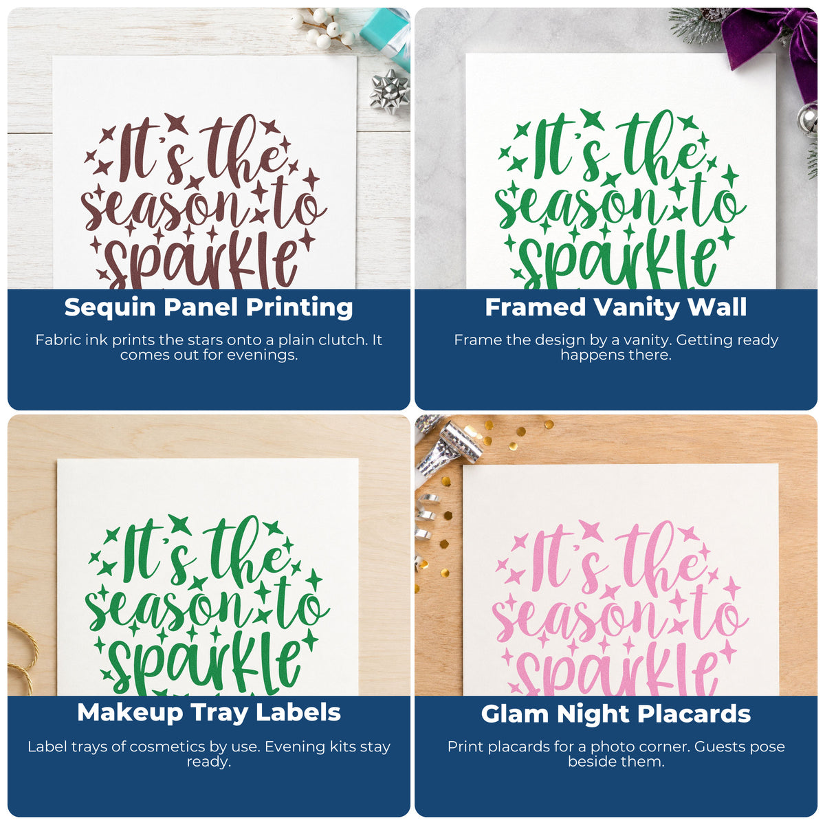 Four ways to use the Season To Sparkle Stars Stamp – Self-Inking: sequin panel printing, framed vanity wall, makeup tray labels and glam night placards.