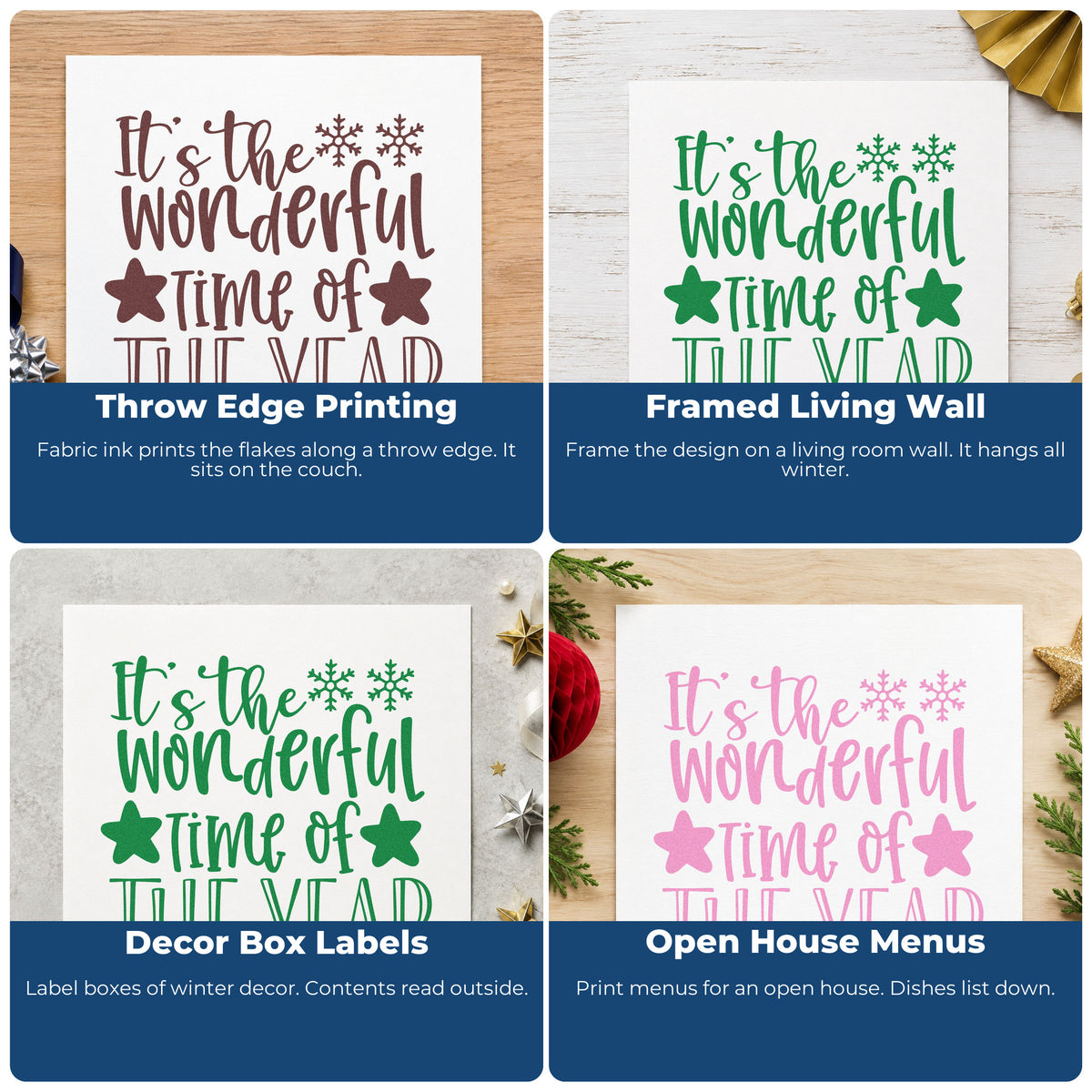 Four ways to use the It's The Wonderful Time Of The Year Wood Handle Stamp: throw edge printing, framed living wall, decor box labels and open house menus.