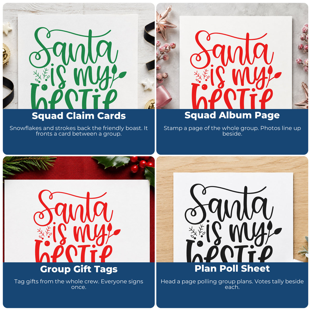Christmas rubber stamps for gift wrap, greeting cards, advent calendars, and ornaments with festive sayings and designs.