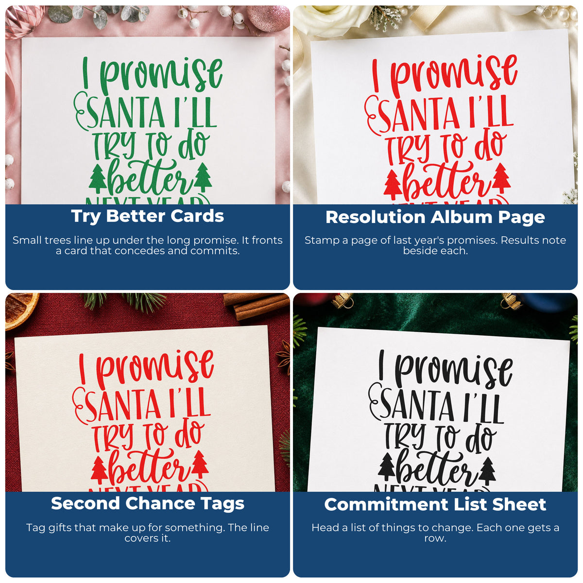 Four ways to use the Promise Santa Better Next Year Rubber Stamp – Duo Hand: try better cards, resolution album page, second chance tags and commitment list sheet.