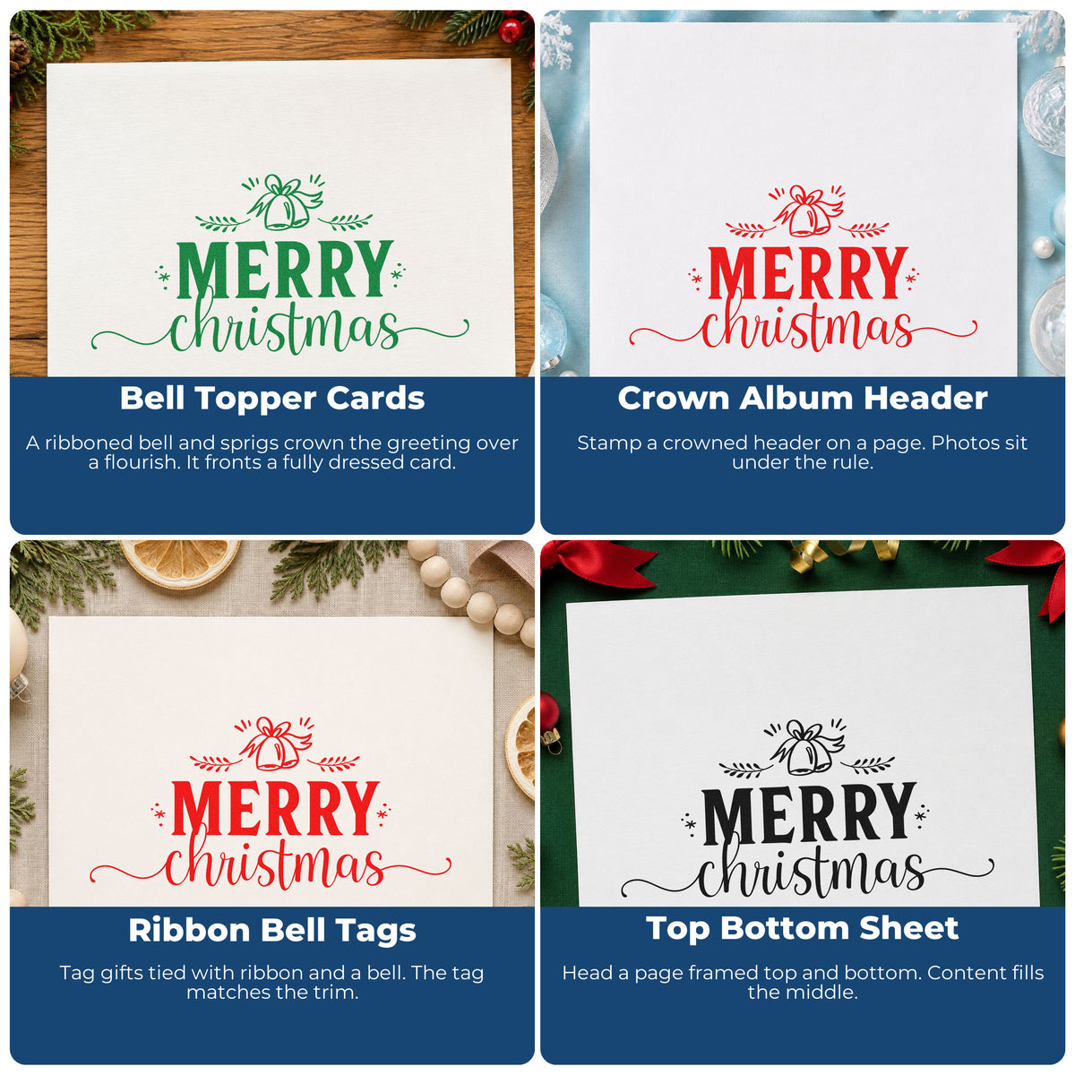 Four ways to use the Merry Christmas Bell Flourish Slim Pre-Inked Stamp: bell topper cards, crown album header, ribbon bell tags and top bottom sheet.