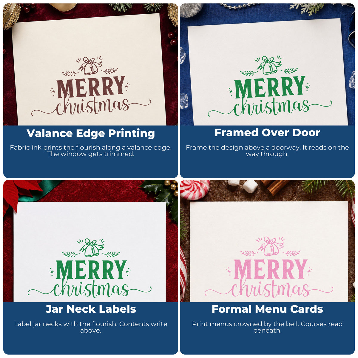 Four ways to use the Merry Christmas Bell Flourish Slim Pre-Inked Stamp: valance edge printing, framed over door, jar neck labels and formal menu cards.