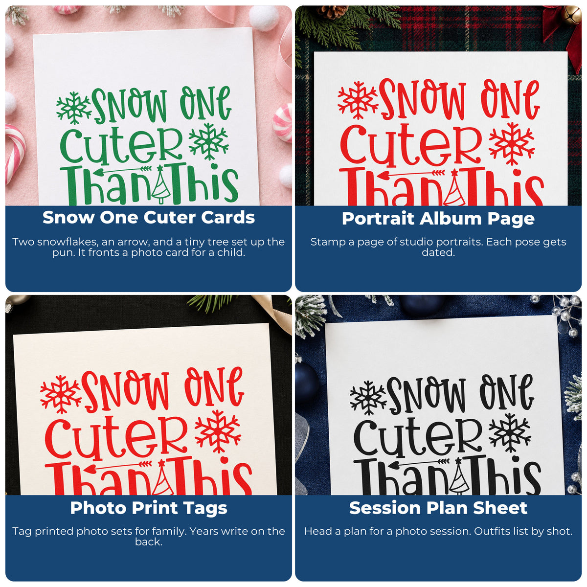 Four ways to use the Premium Wooden Snow One Cuter Than This Tree Motif Stamp - Vintage Pro: snow one cuter cards, portrait album page, photo print tags and session plan sheet.
