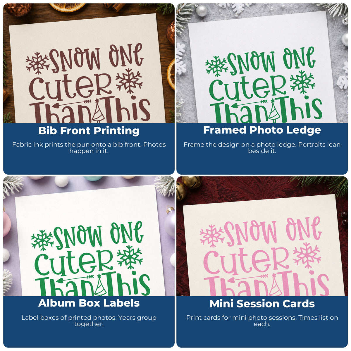 Four ways to use the Premium Wooden Snow One Cuter Than This Tree Motif Stamp - Vintage Pro: bib front printing, framed photo ledge, album box labels and mini session cards.