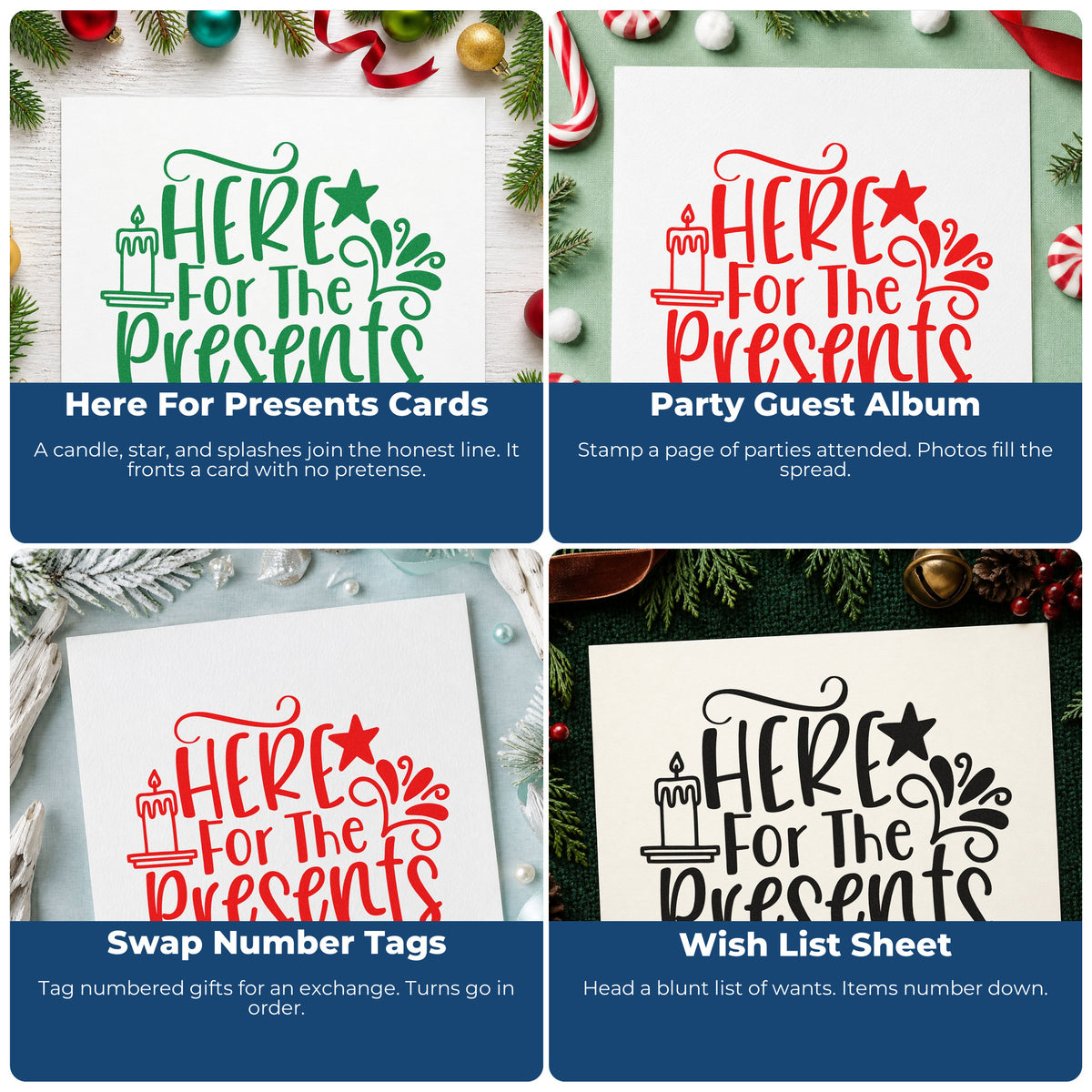 Four ways to use the Here For The Presents Candles Stamp - Premium Vintage Pro Wooden: here for presents cards, party guest album, swap number tags and wish list sheet.
