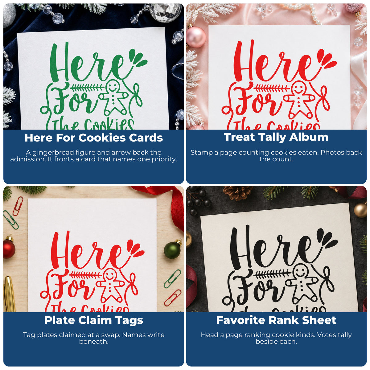 Four ways to use the Here For The Cookies Rubber Stamp – Duo Hand: here for cookies cards, treat tally album, plate claim tags and favorite rank sheet.