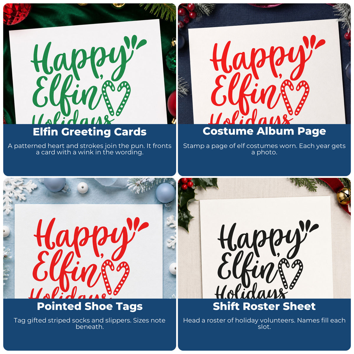 Four ways to use the Happy Elfin Holidays Rubber Stamp – Wood Handle: elfin greeting cards, costume album page, pointed shoe tags and shift roster sheet.