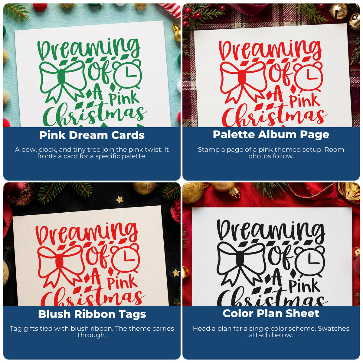Four ways to use the Dreaming Of A Pink Christmas Rubber Stamp – Duo Hand: pink dream cards, palette album page, blush ribbon tags and color plan sheet.