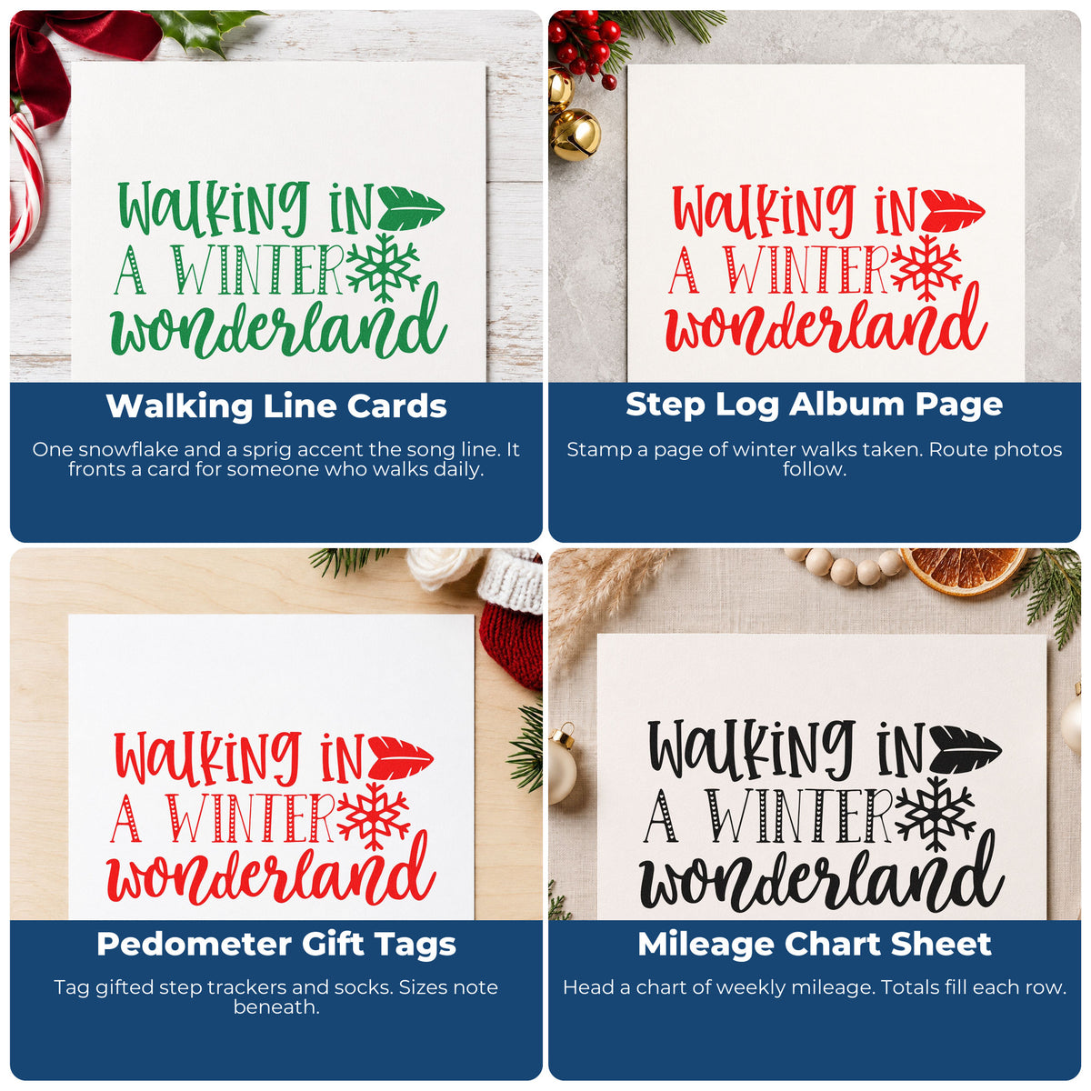Four ways to use the Walking In Winter Wonderland Hand Stamp – Duo: walking line cards, step log album page, pedometer gift tags and mileage chart sheet.