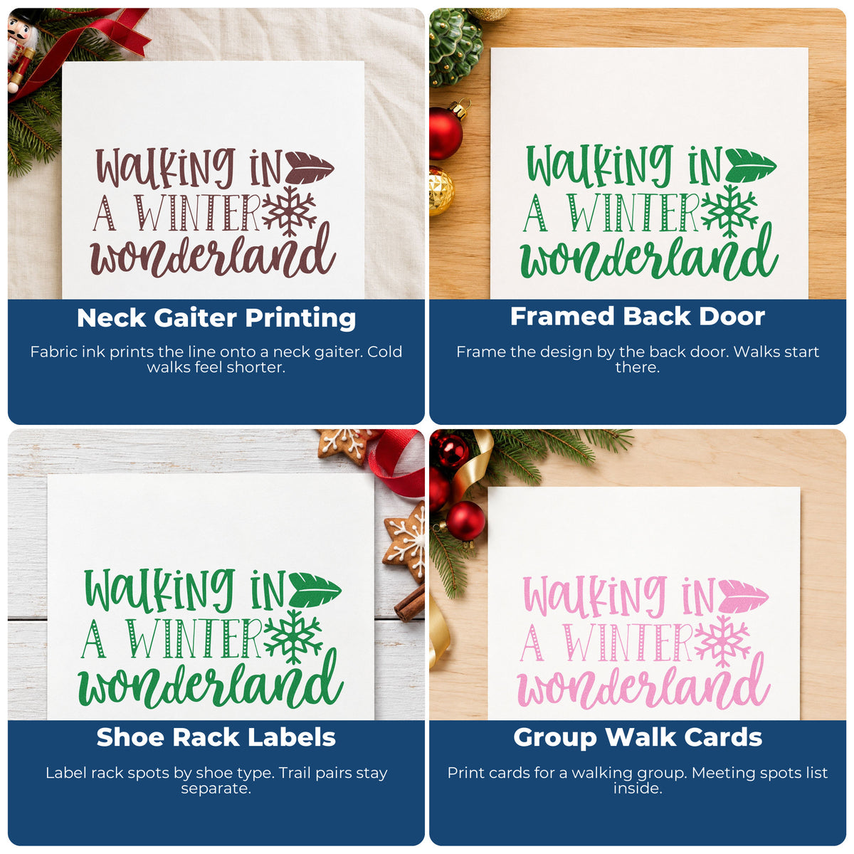 Four ways to use the Walking In Winter Wonderland Pre-Inked Stamp – Slim: neck gaiter printing, framed back door, shoe rack labels and group walk cards.