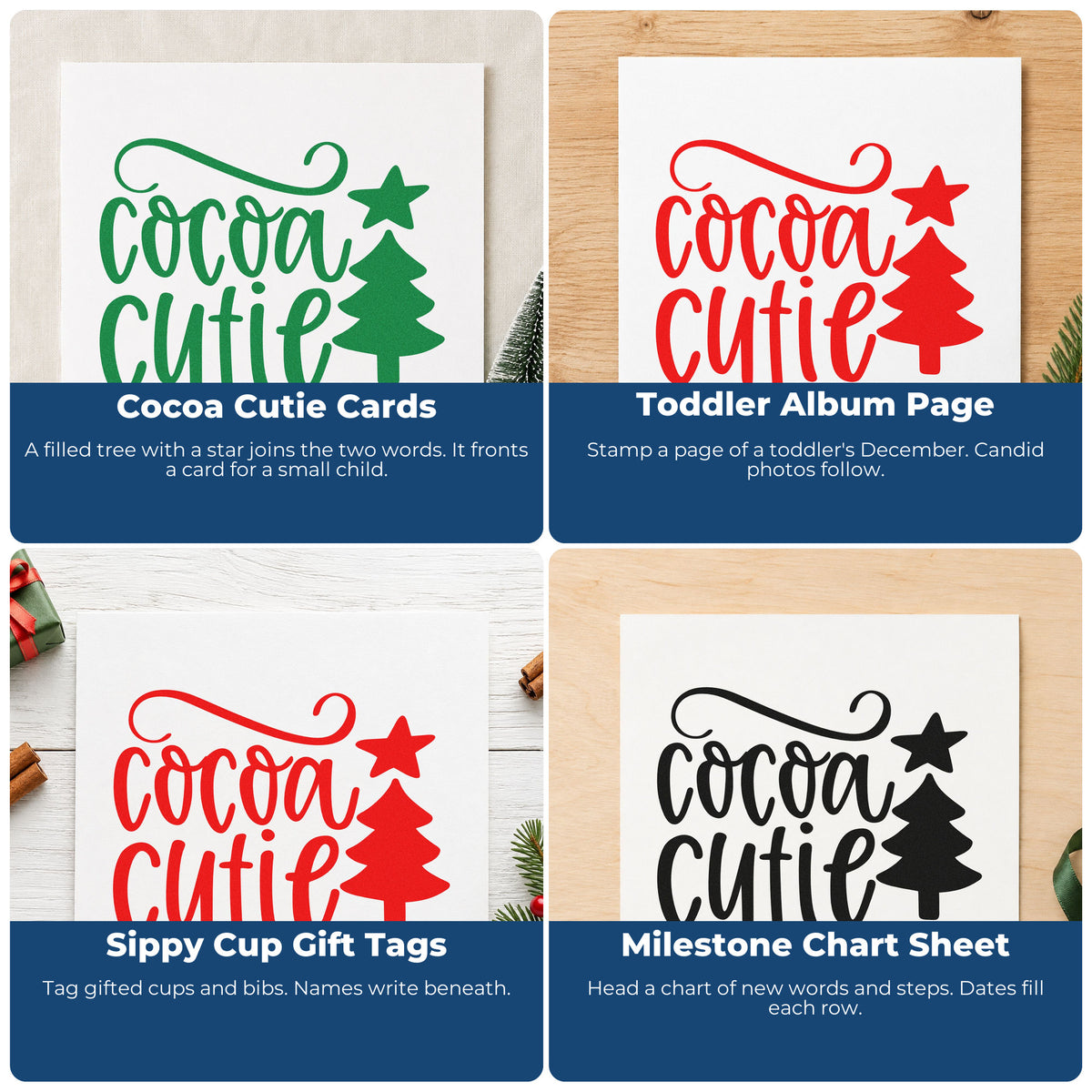 Four ways to use the Cocoa Cutie Christmas Tree With Stars PSI Pre-Inked Stamp: cocoa cutie cards, toddler album page, sippy cup gift tags and milestone chart sheet.