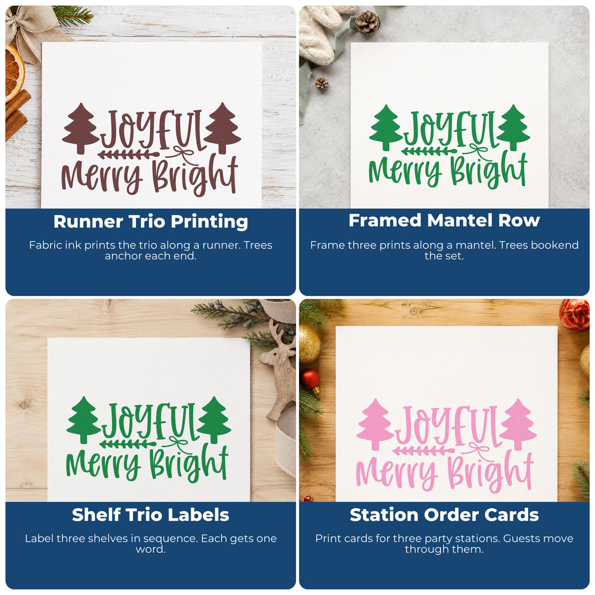 Four ways to use the Joyful Merry Bright Trees Stamp – PSI Pre-Inked: runner trio printing, framed mantel row, shelf trio labels and station order cards.