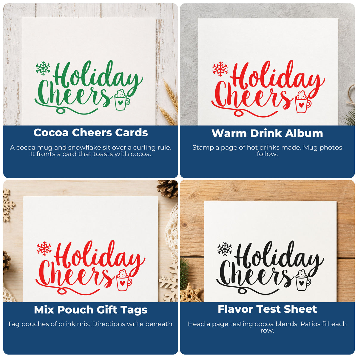 Four ways to use the Holiday Cheers Cocoa Mug Slim Pre-Inked Stamp: cocoa cheers cards, warm drink album, mix pouch gift tags and flavor test sheet.