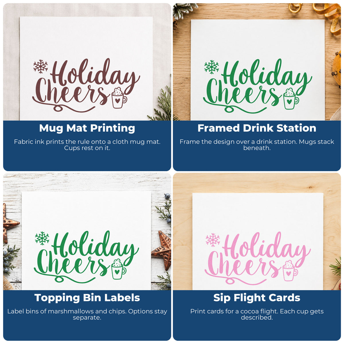 Four ways to use the Holiday Cheers Cocoa Mug Self-Inking Stamp: mug mat printing, framed drink station, topping bin labels and sip flight cards.