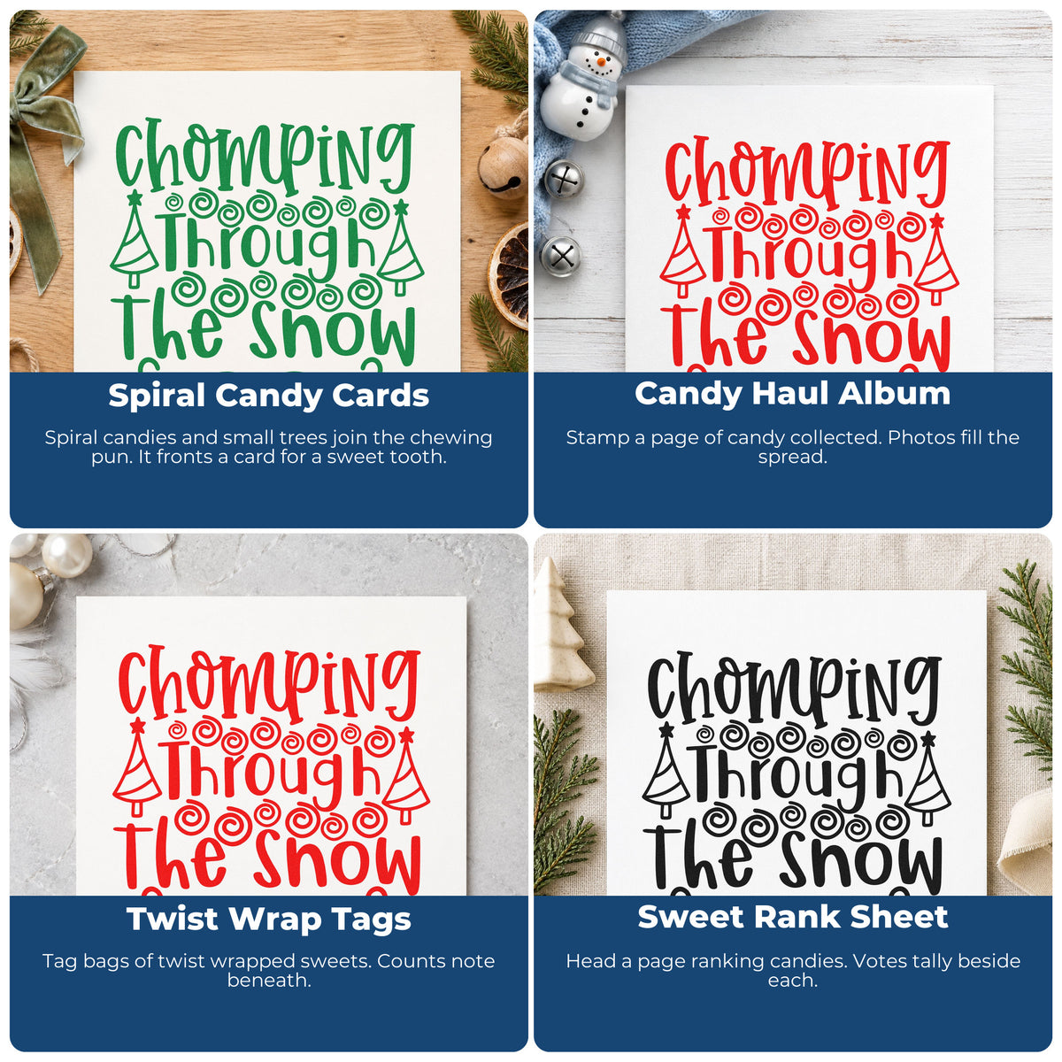 Four ways to use the Chomping Through The Snow Tree Motif Premium Wooden Stamp - Vintage Pro: spiral candy cards, candy haul album, twist wrap tags and sweet rank sheet.