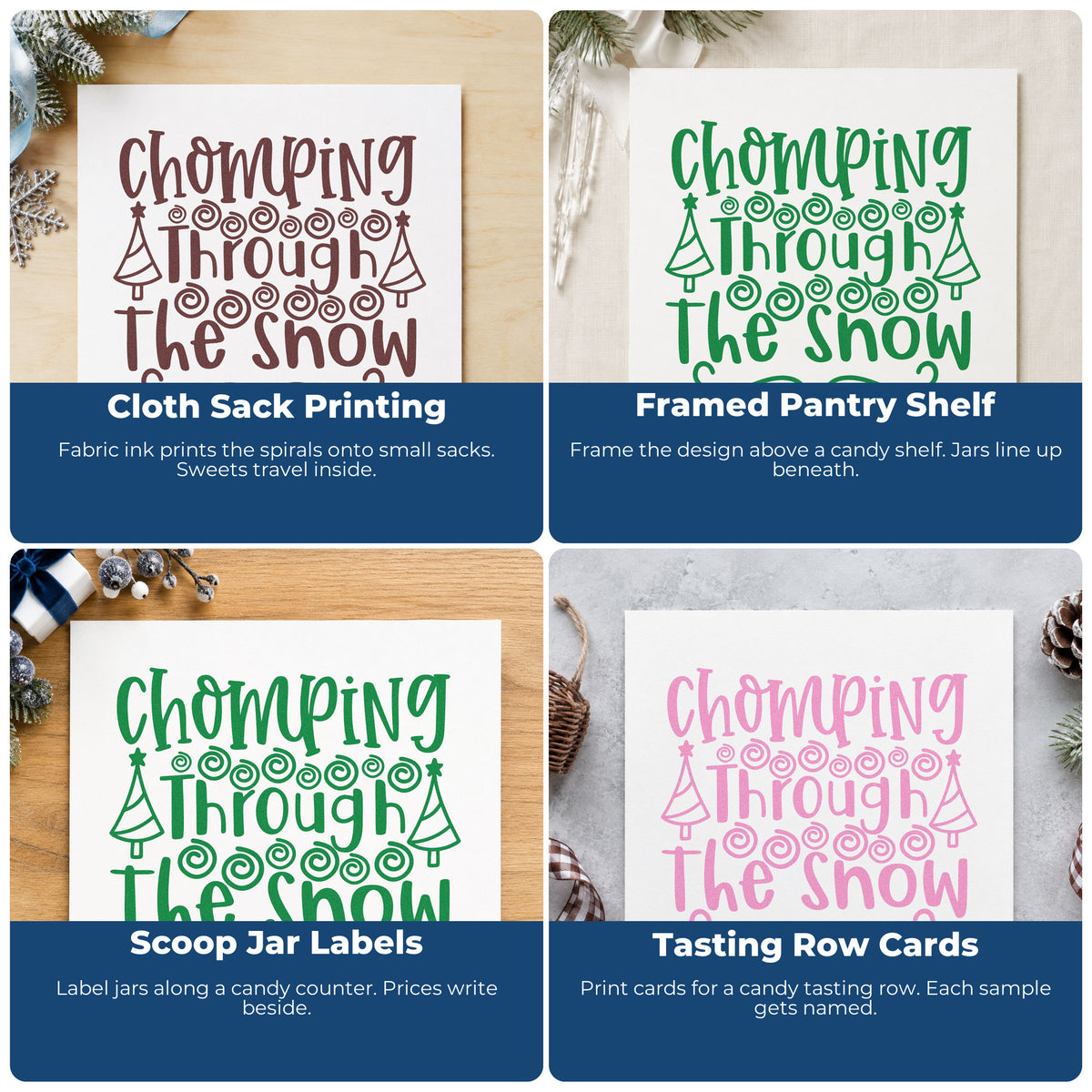 Four ways to use the Chomping Through The Snow Tree Motif Premium Wooden Stamp - Vintage Pro: cloth sack printing, framed pantry shelf, scoop jar labels and tasting row cards.