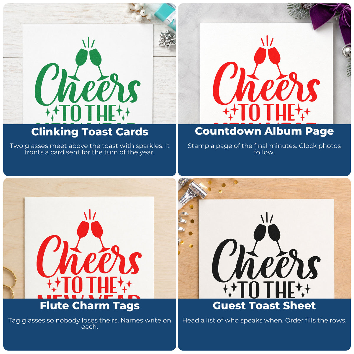 Four ways to use the Cheers To The New Year With Stars Hand Stamp – Duo: clinking toast cards, countdown album page, flute charm tags and guest toast sheet.