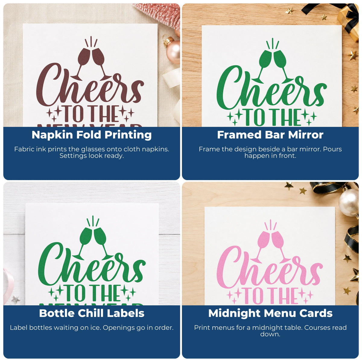 Four ways to use the Cheers To The New Year With Stars Hand Stamp – Duo: napkin fold printing, framed bar mirror, bottle chill labels and midnight menu cards.