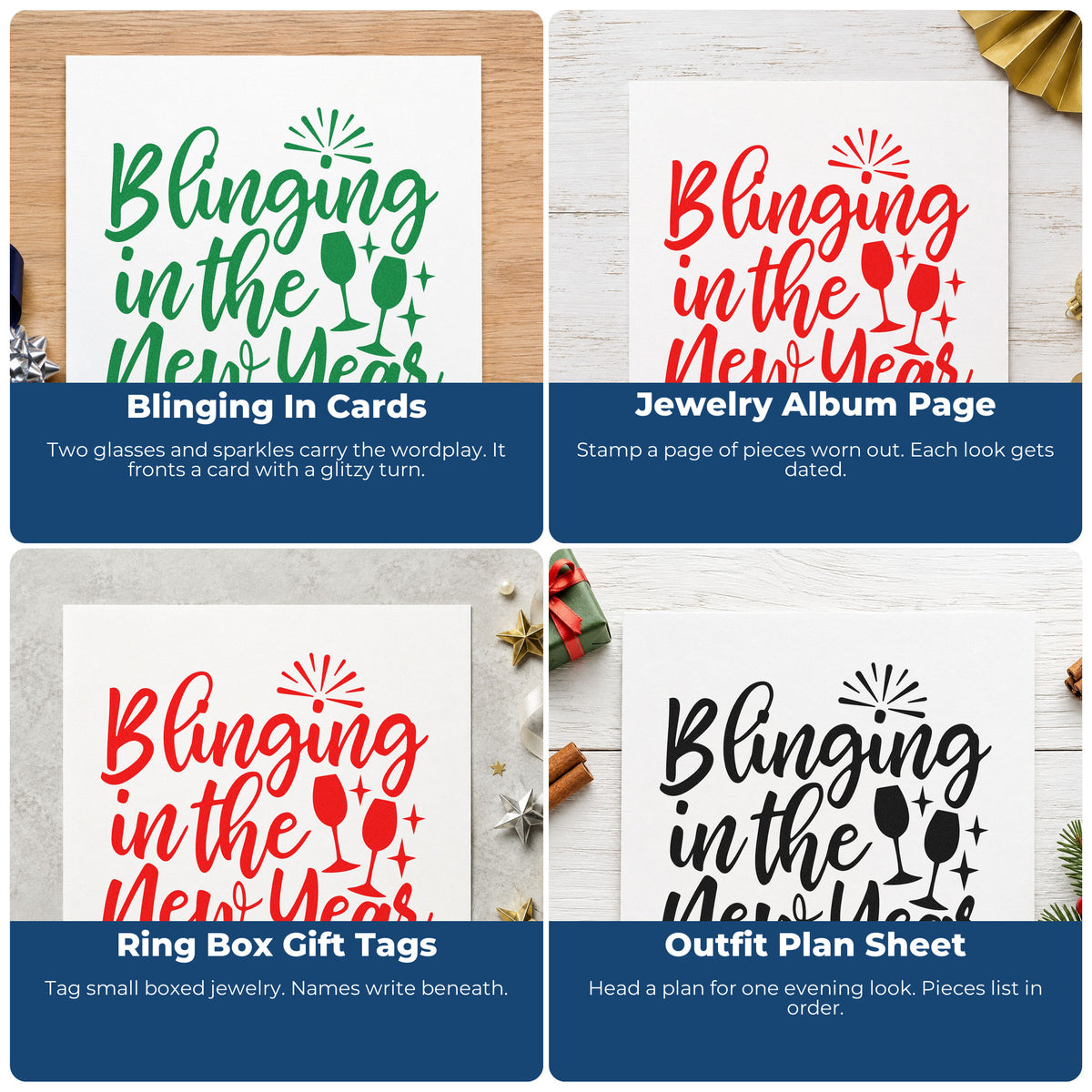 Four ways to use the Blinging In The New Year Glasses Stamp – Duo Hand: blinging in cards, jewelry album page, ring box gift tags and outfit plan sheet.