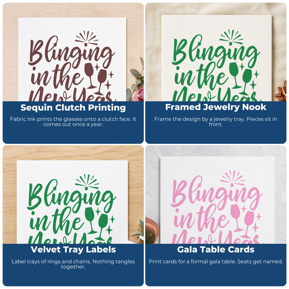 Four ways to use the Blinging In The New Year Glasses Stamp – Duo Hand: sequin clutch printing, framed jewelry nook, velvet tray labels and gala table cards.