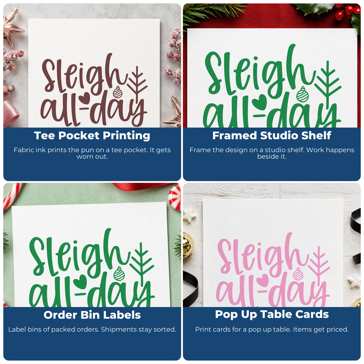 Four ways to use the Sleigh All Day Arrow Ornaments PSI Pre-Inked Stamp: tee pocket printing, framed studio shelf, order bin labels and pop up table cards.