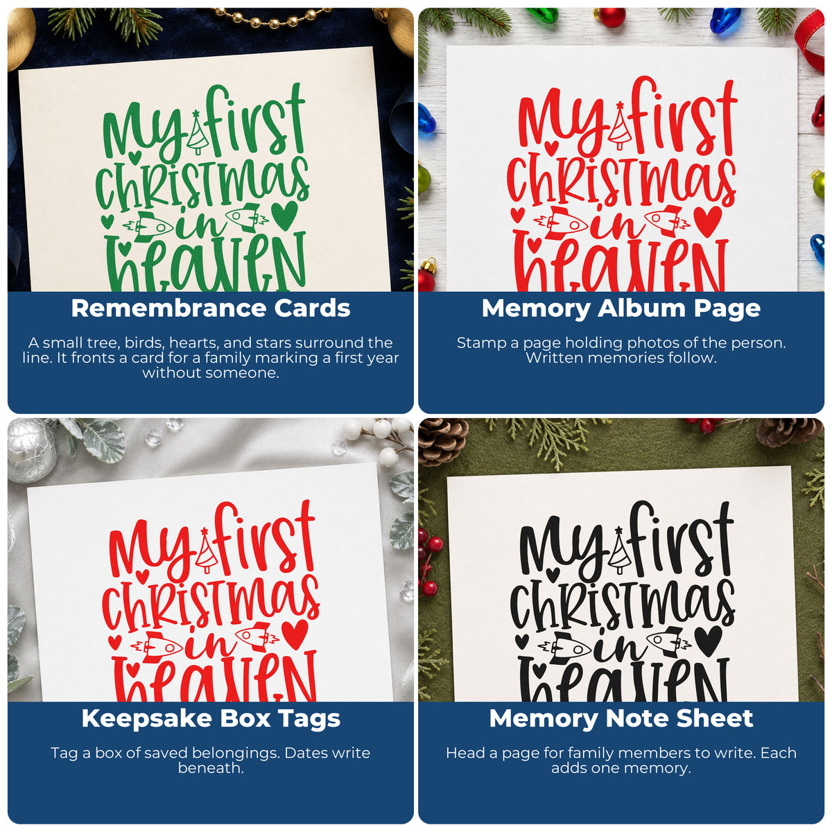 Four ways to use the My First Christmas In Heaven Tree Motif Hand Stamp – Duo: remembrance cards, memory album page, keepsake box tags and memory note sheet.
