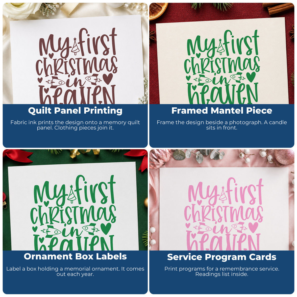 Four ways to use the My First Christmas In Heaven Tree Motif Rubber Stamp – Wood Handle: quilt panel printing, framed mantel piece, ornament box labels and service program cards.