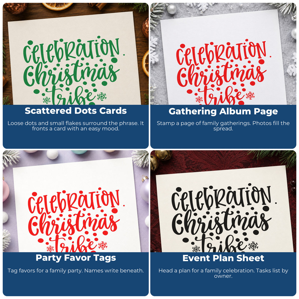 Four ways to use the Celebration Christmas Vibes Dots Snowflakes Pre-Inked Stamp – Slim: scattered dots cards, gathering album page, party favor tags and event plan sheet.
