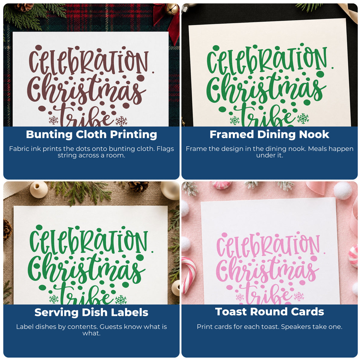 Four ways to use the Celebration Christmas Vibes Dots Snowflakes Pre-Inked Stamp – Slim: bunting cloth printing, framed dining nook, serving dish labels and toast round cards.