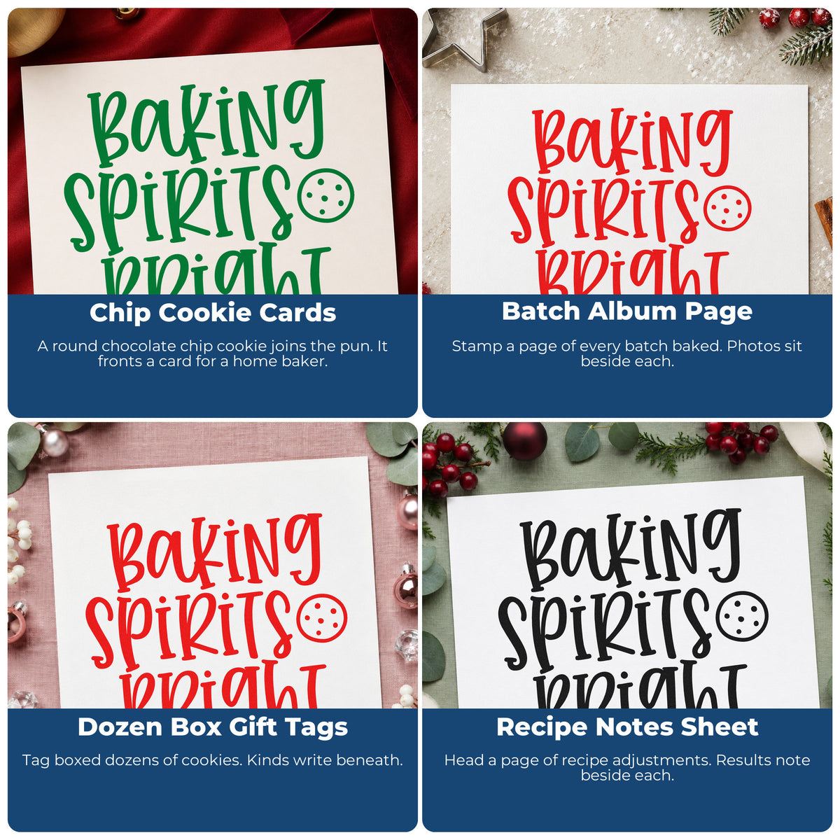 Four ways to use the Cookie And Baking Spirits Bright PSI Pre-Inked Stamp: chip cookie cards, batch album page, dozen box gift tags and recipe notes sheet.