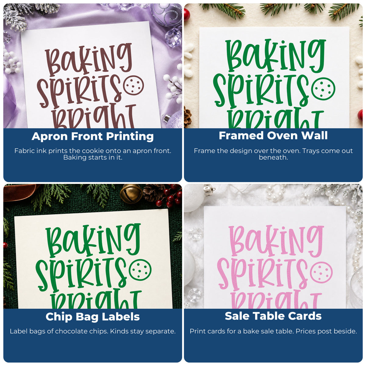 Four ways to use the Cookie And Baking Spirits Bright Compact Pre-Inked Stamp – Slim: apron front printing, framed oven wall, chip bag labels and sale table cards.