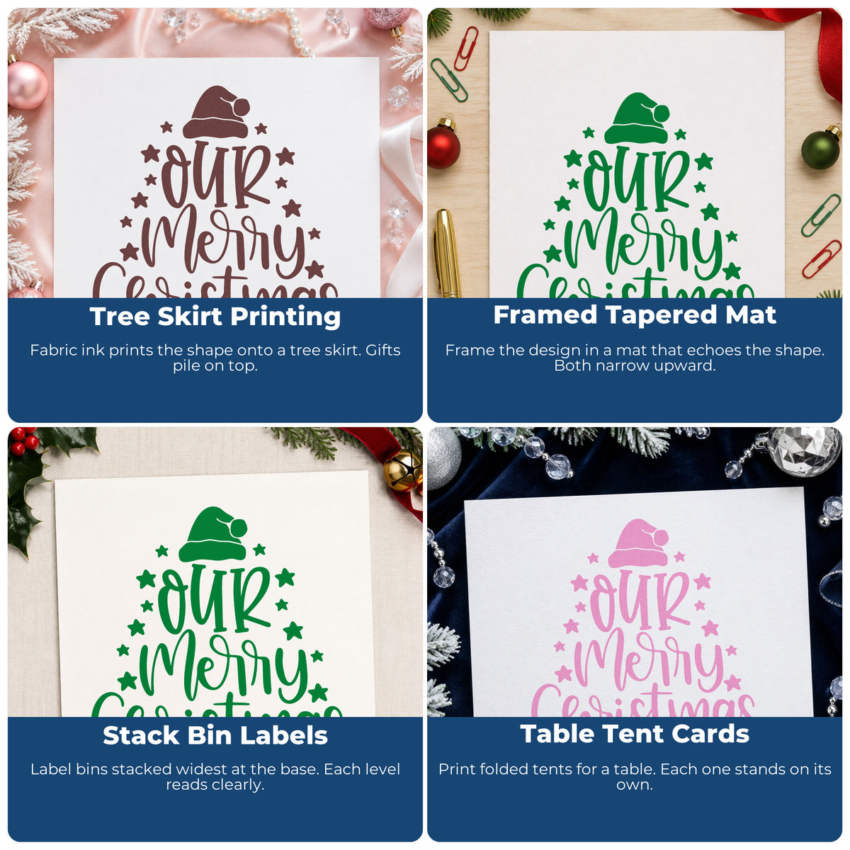 Four ways to use the Our Merry Christmas Stars Self-Inking Craft Stamp: tree skirt printing, framed tapered mat, stack bin labels and table tent cards.