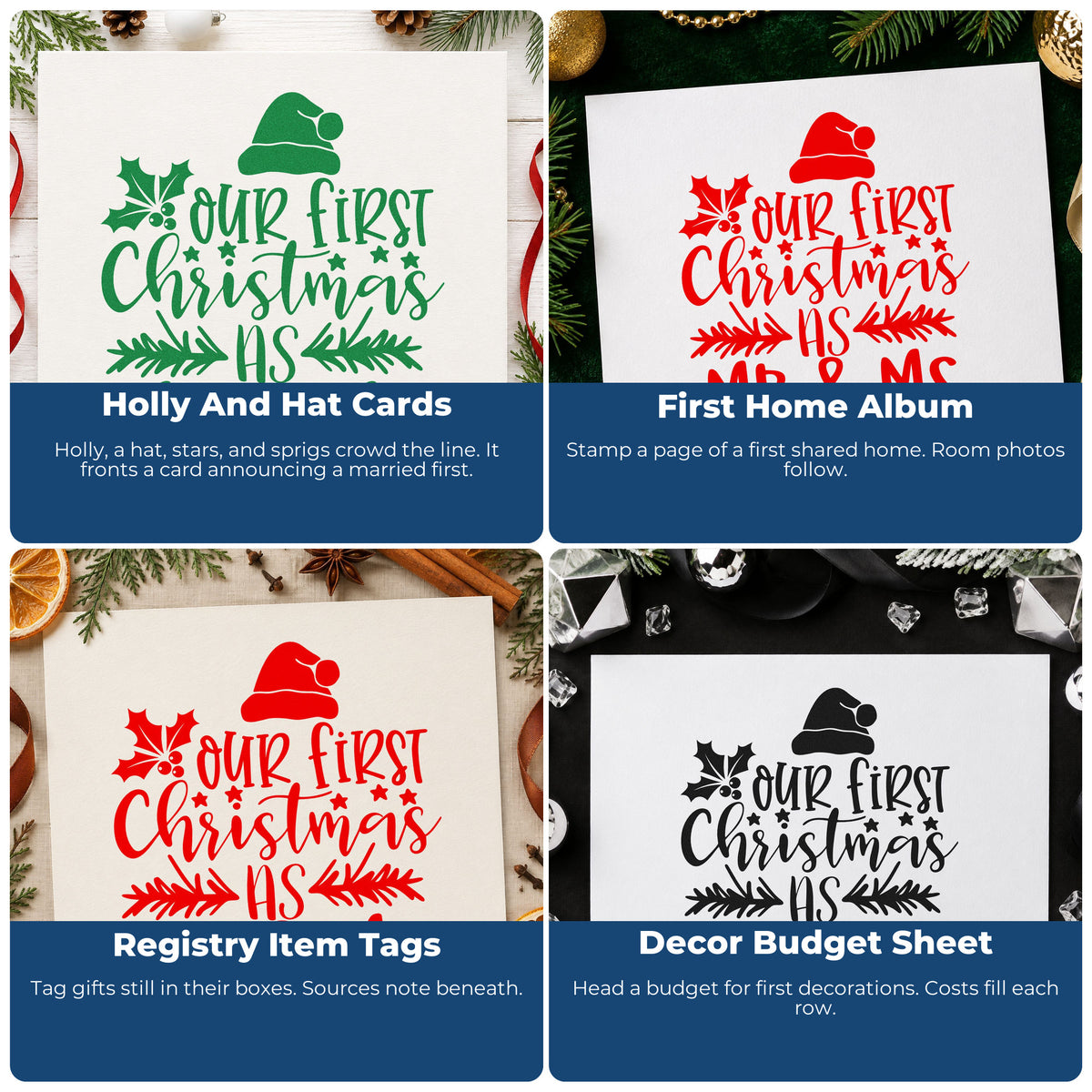 Four ways to use the Our First Christmas As Mr & Ms Premium Wooden Stamp - Vintage Pro: holly and hat cards, first home album, registry item tags and decor budget sheet.