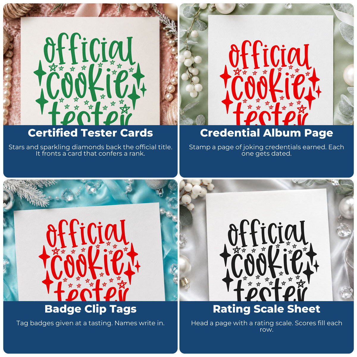 Four ways to use the Self-Inking Official Cookie Tester Stars Stamp: certified tester cards, credential album page, badge clip tags and rating scale sheet.