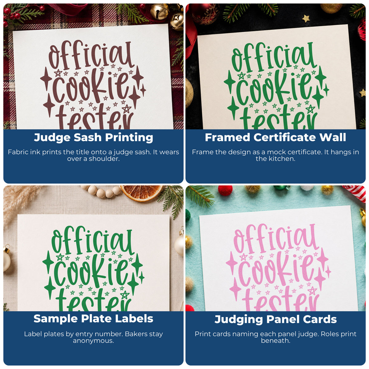 Four ways to use the Self-Inking Official Cookie Tester Stars Stamp: judge sash printing, framed certificate wall, sample plate labels and judging panel cards.