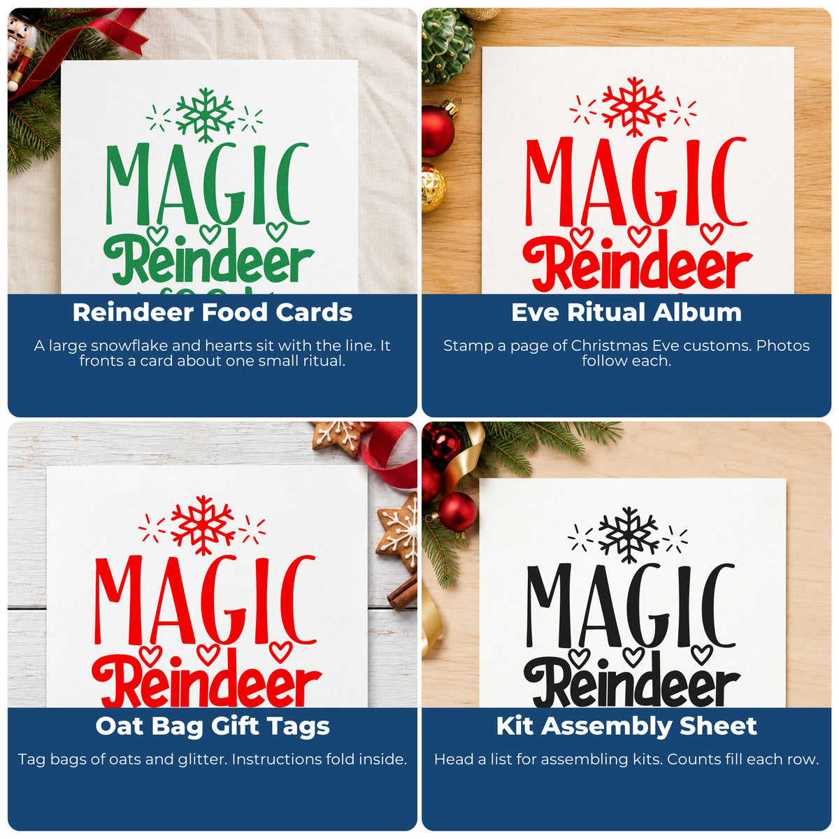 Four ways to use the Wood Handle Magic Reindeer Food Snowflake With Hearts Rubber Stamp: reindeer food cards, eve ritual album, oat bag gift tags and kit assembly sheet.