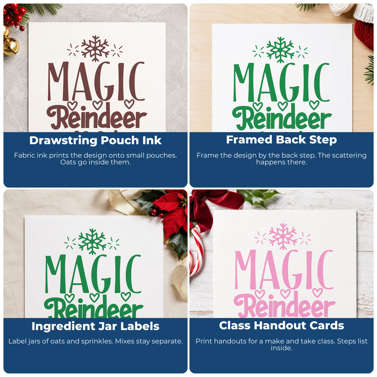 Four ways to use the Wood Handle Magic Reindeer Food Snowflake With Hearts Rubber Stamp: drawstring pouch ink, framed back step, ingredient jar labels and class handout cards.