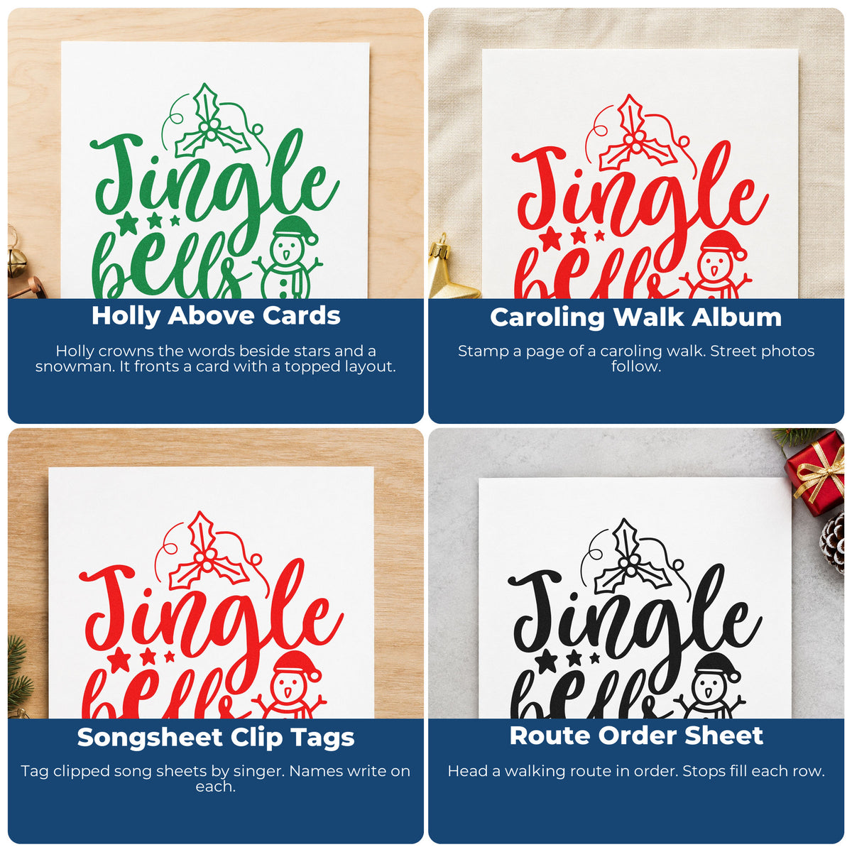 Four ways to use the Jingle Bells Holly Snowman Stamp – PSI Pre-Inked: holly above cards, caroling walk album, songsheet clip tags and route order sheet.
