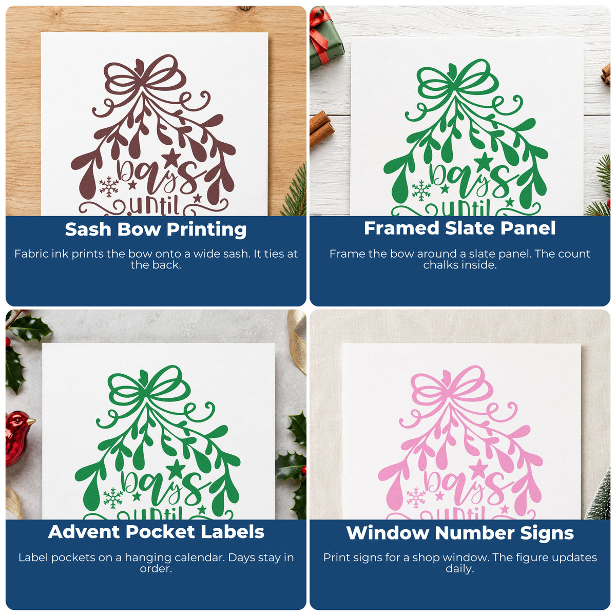 Four ways to use the Days Until Christmas Mistletoe Botanical Sprig PSI Pre-Inked Stamp: sash bow printing, framed slate panel, advent pocket labels and window number signs.