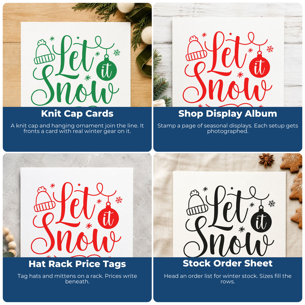 Four ways to use the Let It Snow Winter Hat Snowflakes Pre-Inked Stamp – Slim: knit cap cards, shop display album, hat rack price tags and stock order sheet.