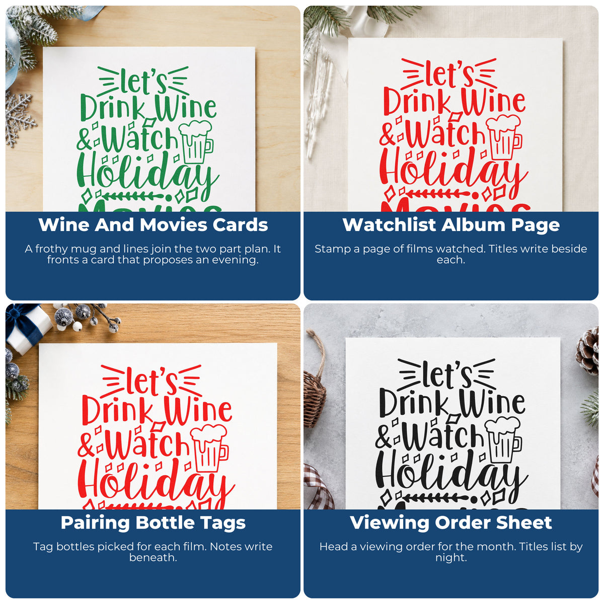 Four ways to use the Wine And Holiday Movies Stamp – Self-Inking: wine and movies cards, watchlist album page, pairing bottle tags and viewing order sheet.
