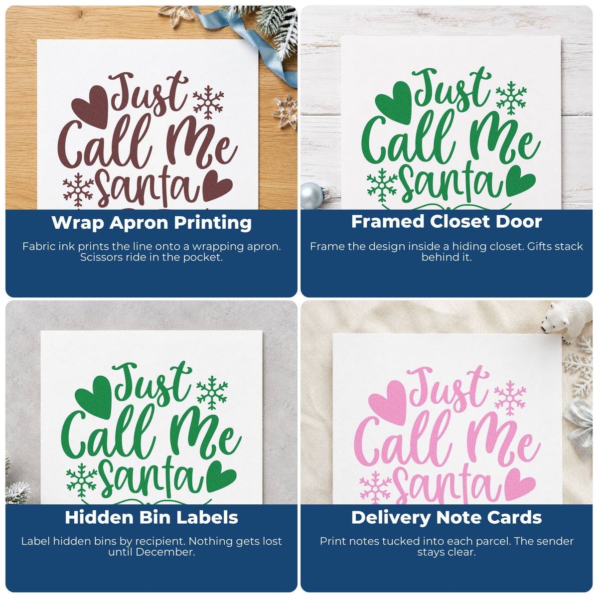 Four ways to use the Just Call Me Santa Self-Inking Craft Stamp: wrap apron printing, framed closet door, hidden bin labels and delivery note cards.